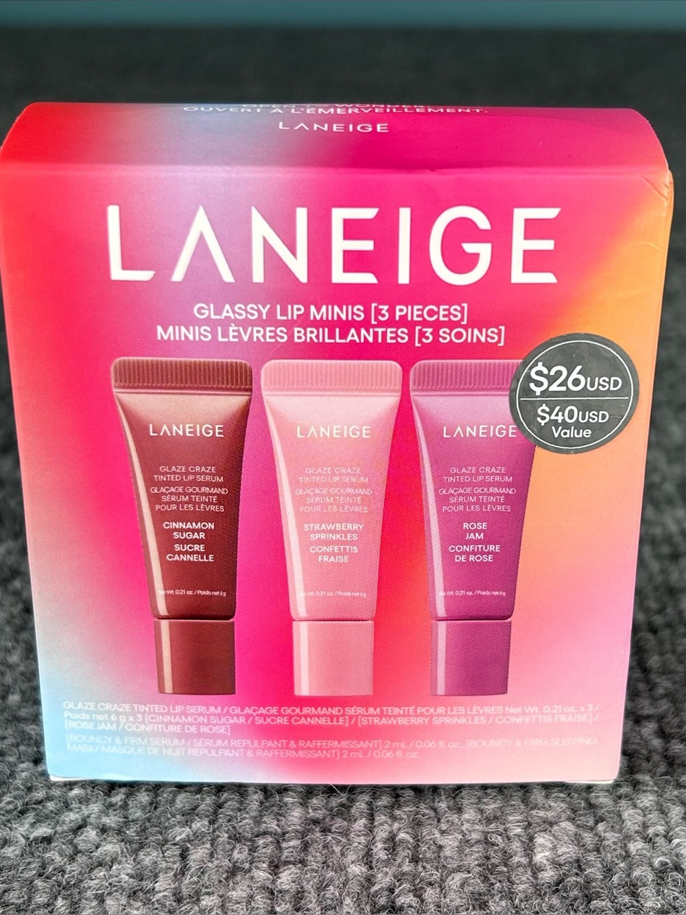 LANEIGE Glassy Lip Minis Glaze Craze Tinted Serum 3pc CINN SUGAR 🌹 JAM 🍓SPRINKLE